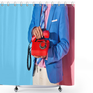 Personality  Midsection Of Man In Formal Suit With Retro Phone In Hands  On Pink And Blue Background Shower Curtains