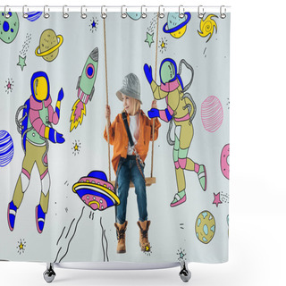 Personality  Cute Kid In Jeans And Orange Shirt Sitting On Swing And Looking At Fairy Space With Astronauts Illustration On Grey Background Shower Curtains