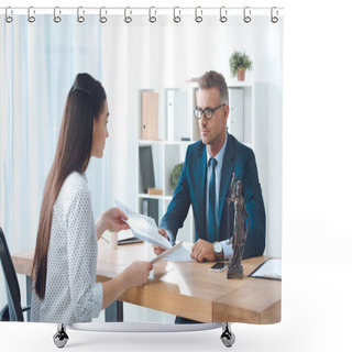 Personality  Lawyer And Client Holding Papers In Office  Shower Curtains