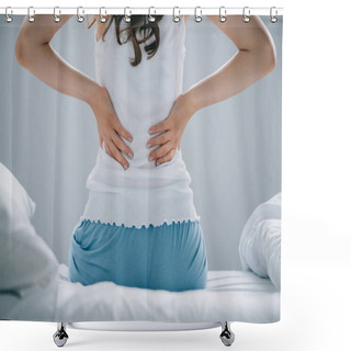 Personality  Back View Of Young Woman In Pajamas Suffering From Back Pain On Bed Shower Curtains