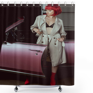 Personality  Stylish Girl In Bra And Trench Coat Standing Near Retro Car Shower Curtains