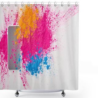 Personality  Top View Of Smartphone And Explosion Of Multicolored Holi Powder On White Background Shower Curtains
