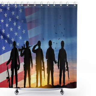 Personality  Silhouette Of Army Soldier With USA Flag. Greeting Card For Veterans Day, Memorial Day, Independence Day. Armed Force Concept. EPS10 Vector Shower Curtains