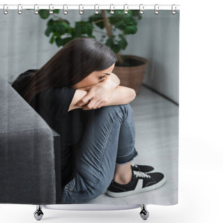 Personality  Scared Young Woman Hiding Face In Crossed Arms While Sitting On Floor And Suffering From Panic Attack Shower Curtains
