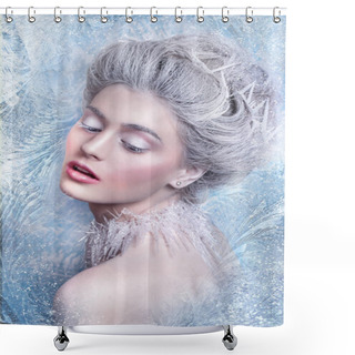 Personality  Snow Queen.Fantasy Girl Portrait. Winter Fairy Portrait.Young Woman  With Creative Silver Artistic Make-up. Winter Portrait. Shower Curtains