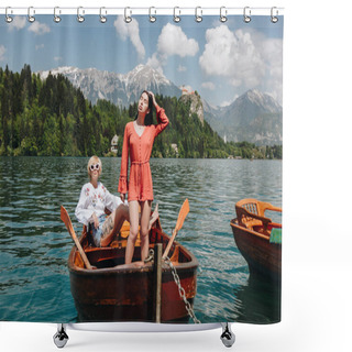 Personality  Beautiful Young Women In Boat At Tranquil Mountain Lake, Bled, Slovenia Shower Curtains