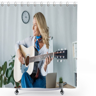 Personality  Happy Attractive Businesswoman Playing Acoustic Guitar In Office Shower Curtains