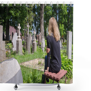 Personality  Sorrow Woman Near Father Husband Tomb In Cemetery  Shower Curtains