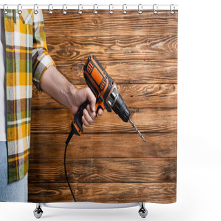 Personality  Cropped View Of Workman With Electric Drill Near Wooden Wall, Labor Day Concept Shower Curtains