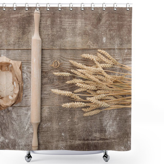 Personality  Top View Of Wheat Spikes, Rolling Pin And Flour Package On Wooden Table Shower Curtains