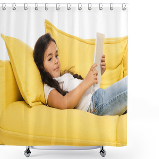 Personality  Happy Latin Kid Using Digital Tablet While Lying On Sofa Isolated On White  Shower Curtains