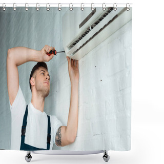 Personality  Handsome Tattooed Installer Holding Screwdriver Near Air Conditioner  Shower Curtains