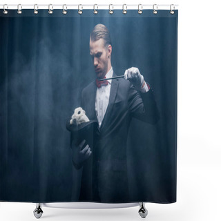 Personality  Serious Magician In Suit Showing Trick With Wand And White Rabbit In Hat, Dark Room With Smoke Shower Curtains