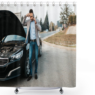 Personality  Elegant Middle Age Business Man Calling Towing Service For Help On The Road. Roadside Assistance Concept. Shower Curtains