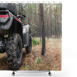 Personality  ATV Awd Quadbike Motorcycle Back Pov View Near Tree In Coniferous Pine Foggy Forest With Beautiful Nature Landscape Morning Mist. Offroad Travel Adventure Trip Expedition. Extreme Recreation Activity Shower Curtains