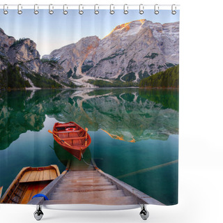 Personality  Beautiful Braies Lake In Boat And House In The Background Of Seekofel Mountain In Dolomites,Italy ( Pragser Wildsee ) Shower Curtains