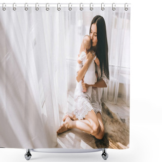 Personality  Happy Young Mother Kissing Her Baby While Sitting On Floor At Home Shower Curtains
