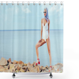 Personality  Woman Posing In White Vintage Swimsuit And Silk Scarf Shower Curtains