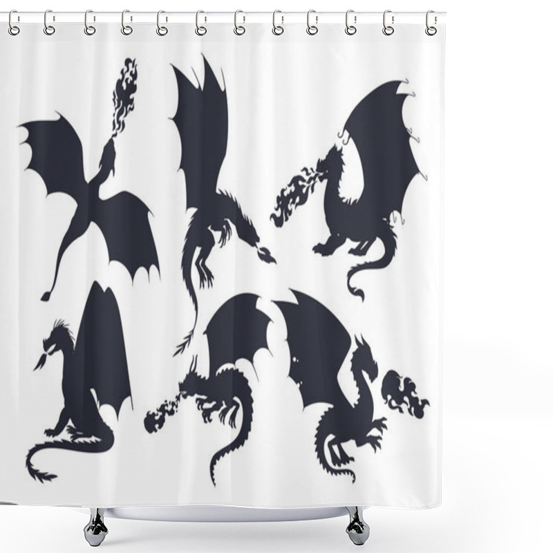 Personality  Dragons Silhouettes. Flying Fire Breathing Reptiles, Medieval Dragons Characters. Fairy Dragon Silhouette Flat Vector Illustration Set Shower Curtains
