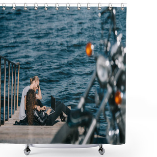 Personality  Young Couple Using Laptop While Sitting On Quay Near The Sea, Selective Focus Of Motorcycle Shower Curtains