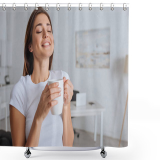 Personality  Cheerful Woman Dreaming While Holding Cup Of Tea  Shower Curtains