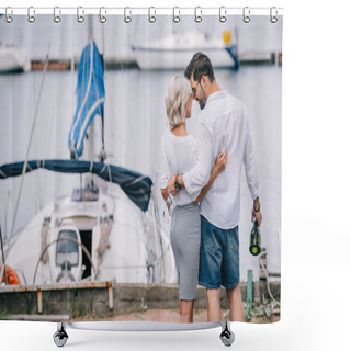 Personality  Happy Young Couple With Wine Bottle And Glasses Hugging While Standing Near Yacht Shower Curtains