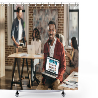 Personality  African American Casual Businessman Holding Laptop With Shopping Web Site And Colleagues Working Behind In Loft Office Shower Curtains