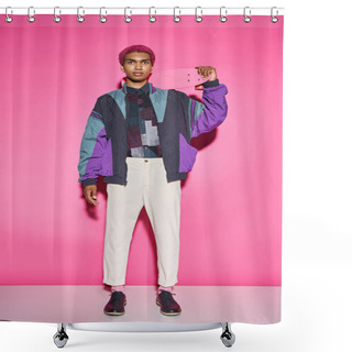 Personality  Handsome Stylish Man Posing With Skateboard Wearing Vibrant Bold Attire Posing On Pink Backdrop Shower Curtains
