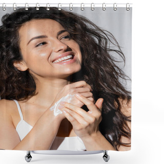 Personality  Cheerful Brunette Woman In Top Applying Hand Cream Isolated On Grey  Shower Curtains