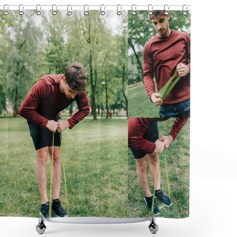 Personality  Collage of handsome man training with elastic band in park  shower curtains