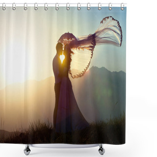 Personality  The Groom And The Bride Kiss In Mountains Against A Decline. Shower Curtains