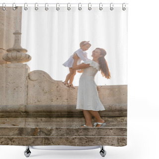 Personality  Brunette Mother Lifting Baby Daughter In Dress On Stairs Of Puente Del Mar Bridge In Spain  Shower Curtains