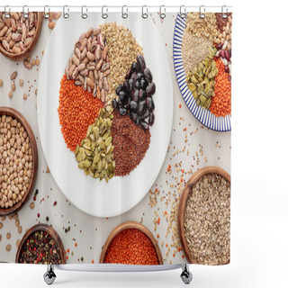 Personality  Top View Of Plates And Bowls With Raw Lentil, Quinoa, Oatmeal, Beans, Peppercorns And Pumpkin Seeds On Marble Surface With Scattered Grains Shower Curtains
