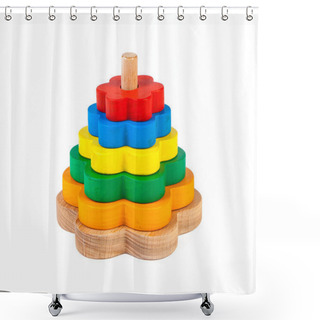 Personality  Photo Of A Wooden Toy  Children's Sorter Pyramid Of Colorful Parts In The Shape Of Flowerss On A White Isolated Background. The Toy For The Development Of Fine Motor Child Shower Curtains