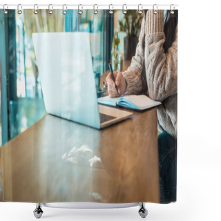 Personality  Cropped View Of Freelancer Working With Planner And Laptop In Cafe  Shower Curtains