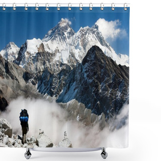 Personality  View Of Everest From Gokyo With Tourist On The Way To Everest - Nepal Shower Curtains
