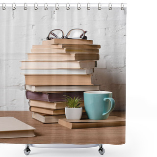 Personality  Pile Of Books, Eyeglasses, Potted Plant And Cup With Hot Beverage On Wooden Table Shower Curtains