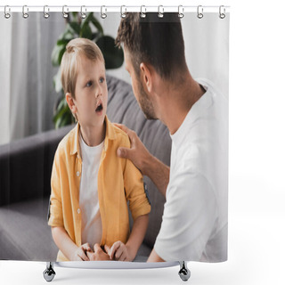 Personality  Father Touching Shoulder Of Socked Son While Talking To Him On Sofa Shower Curtains