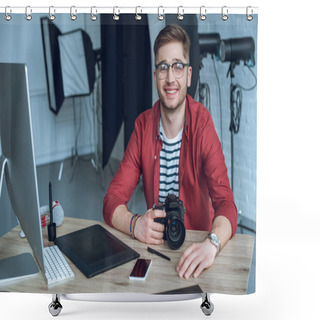 Personality  Happy Freelancer Man Sitting By Working Table With Camera And Graphic Tablet Shower Curtains