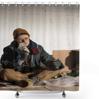 Personality  Homeless Man Sitting On Rubbish Dump And Holding Money Shower Curtains