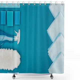 Personality  Top View Of Row Of Blue Rags And Cleaning Supplies Isolated On Blue Shower Curtains
