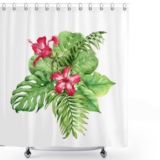 Personality  Hand Drawn Tropical Plants. Floral Bunch With Green Leaves And Red Hibiscus Flowers Isolated On White Background.  Shower Curtains