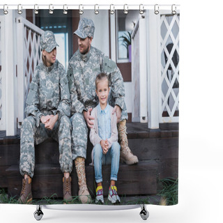 Personality  Smiling Military Father And Mother With Daughter Sitting On House Threshold Shower Curtains