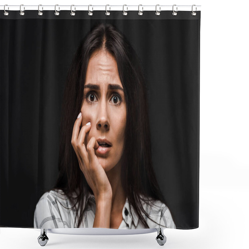 Personality  Scared Young Woman Touching Face Isolated On Black  Shower Curtains