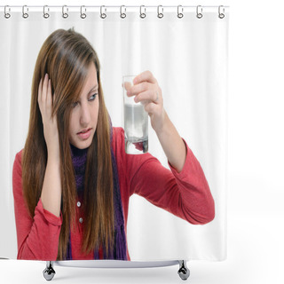 Personality  Woman Taking Pills Holding A Glass Of Water In Office Shower Curtains