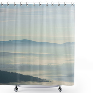 Personality  Scenic View Of Snowy Mountains With Pine Trees In White Fluffy Clouds Shower Curtains