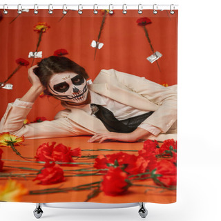 Personality  Elegant Woman In Sugar Skull Makeup And White Suit Lying Down Near Carnations In Red Studio Shower Curtains