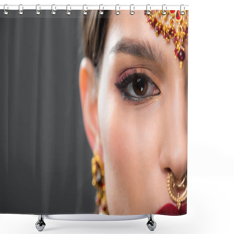 Personality  Close Up Of Beautiful Indian Woman In Traditional Bindi, Isolated On Grey  Shower Curtains