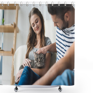 Personality  Happy Young Couple Petting Cat At Home While Sitting On Floor Shower Curtains