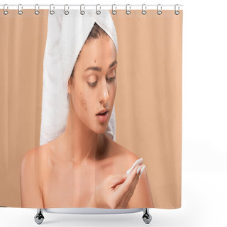 Personality  Young Naked Woman In Towel Looking At Cotton Pad Isolated On Beige  Shower Curtains